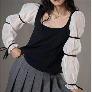 Maeve Black Knit Top with White Puff Chiffon Sleeves